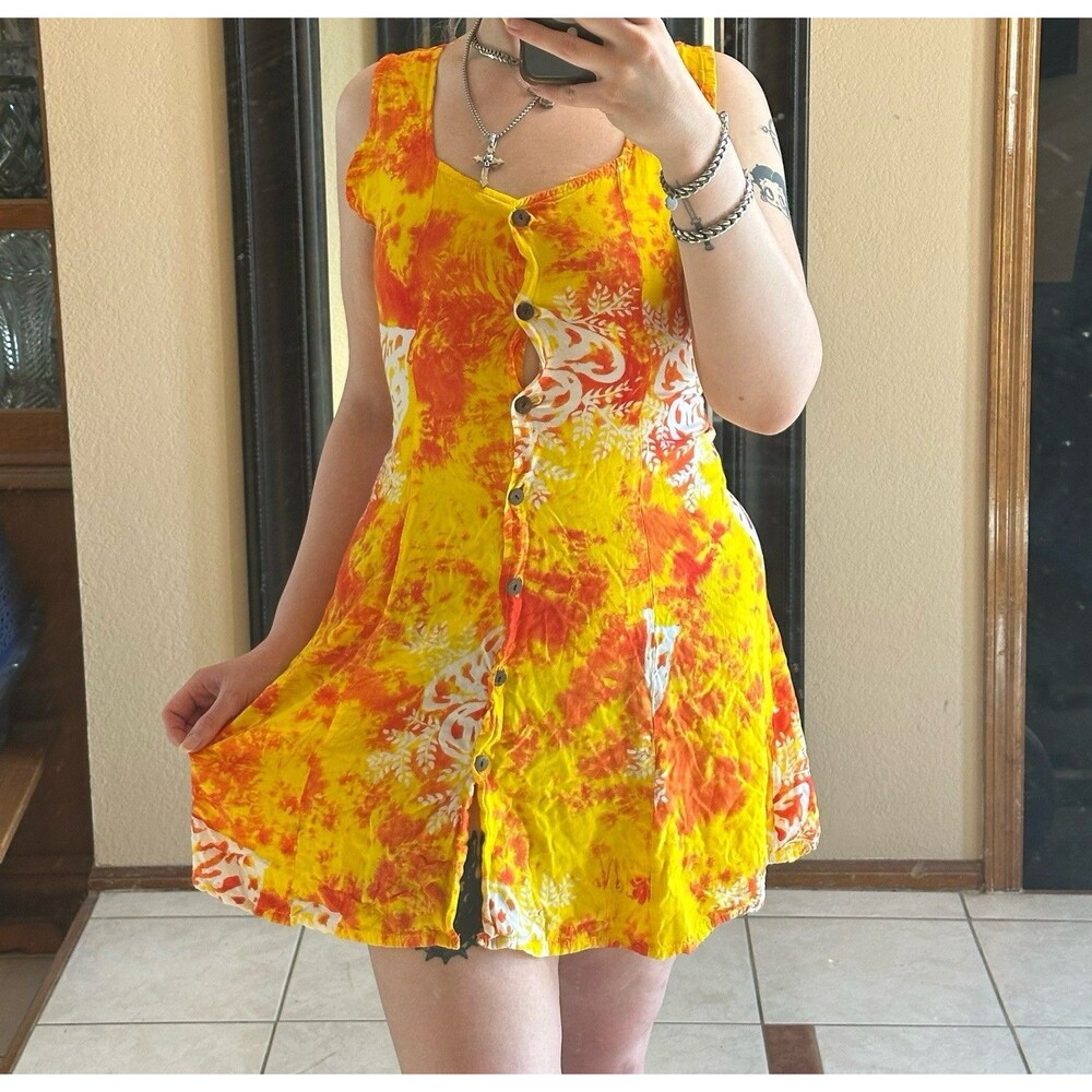 Y2K Island Stuff 00s VTG Hippie Tie Dye Yellow Orange Button Mini Sun Dress S/M